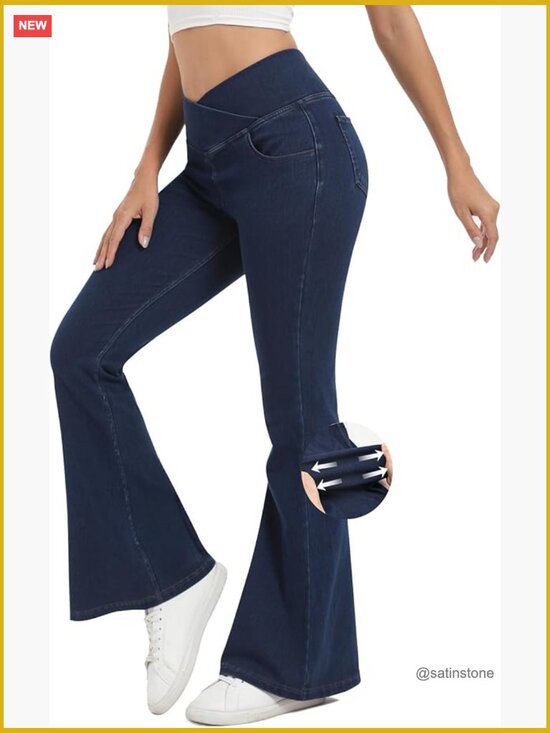 Denim - High Waisted Bell Bottom Flare Jeans with Pockets Pull On Stretchy Jeggings